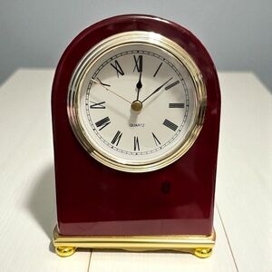 Gold & Burgundy Decorative Table Clock w/ Gold Base 7” Tested & Working